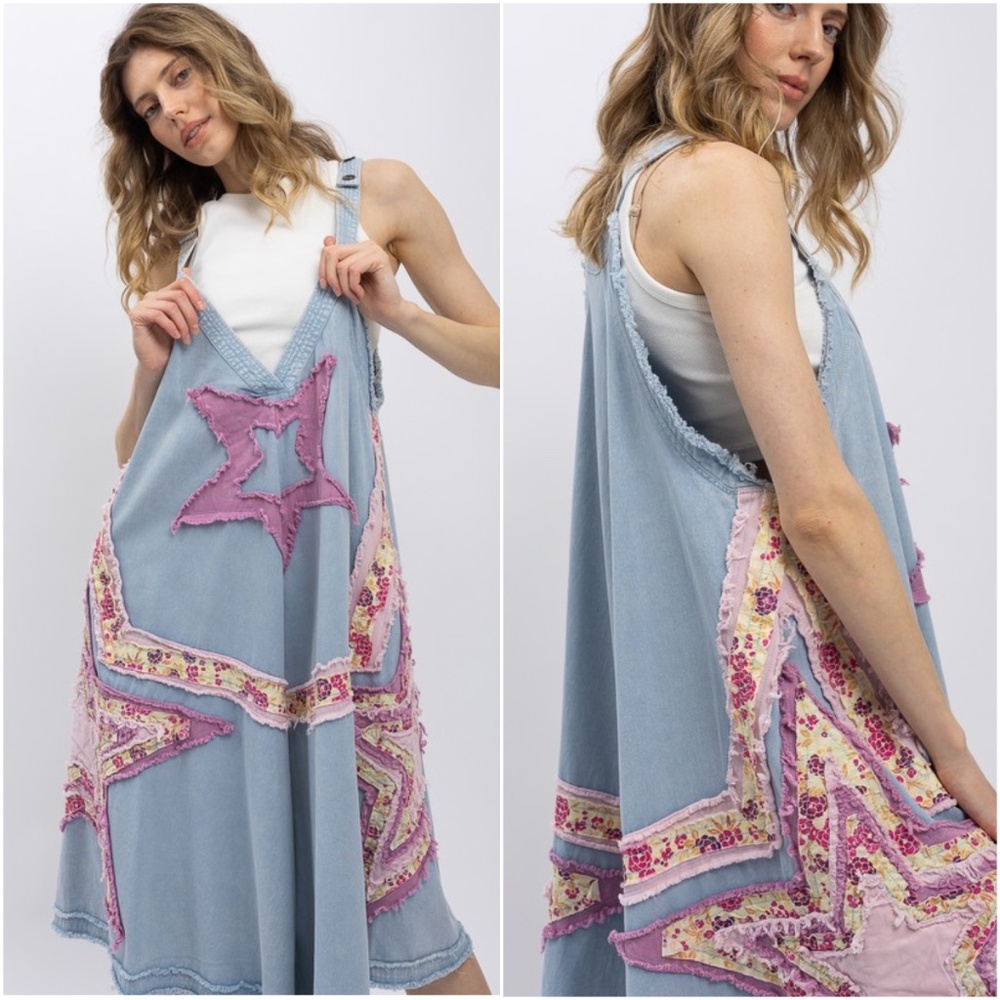 Sleeveless Light Blue Star Patchwork Denim Romper Dress